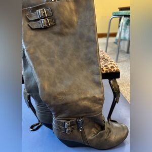 Blowfish Gray Heeled Boots with Buckle Detail